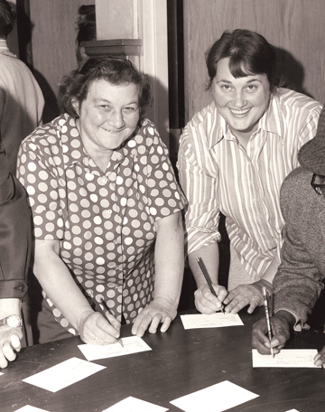 Helen Markos & Florence (Noonie) Russell 1973 Union Stewards from Heinl's Greenhouse